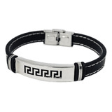 Pulsera Acero Quir Y Simil Cuero Negro Guarda Griega