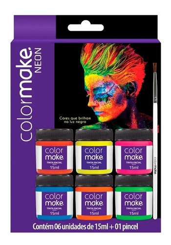 Tinta Liquida Fluorescente Neon Facial C/6 Cores E 01 Pincel