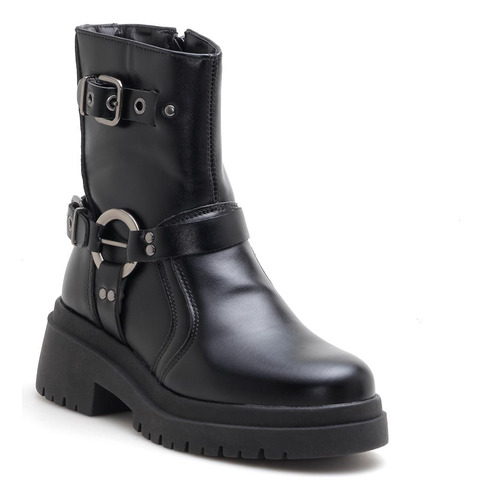 Bota Coturno Fivela Zíper Lateral Feminino Preto Cadarço