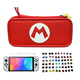 Estuche Diseño Mario + Vidrio + 2 Grips Nintendo Switch Oled