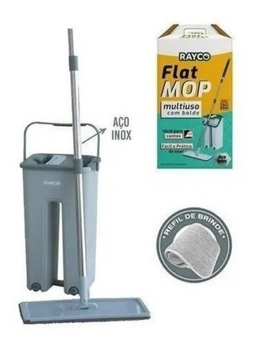 Mop Flat Balde 6 Litros Com 2 Refis Com Cabo Extensível Inox Cor Verde