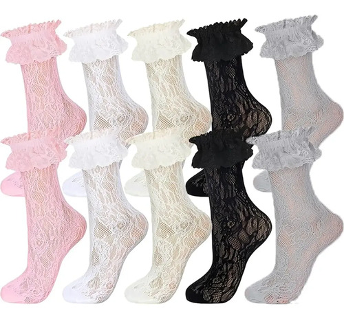 5 Pares De Calcetines Encaje Con Volantes Talla Única