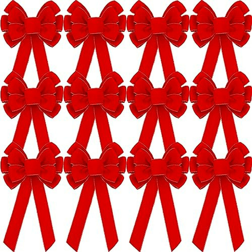 12 Lazos Navideños Velvet Rojo Para Árbol Y Corona