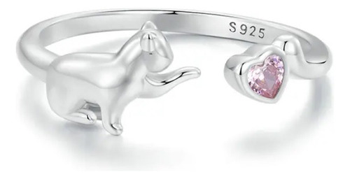 Anillo Ajustable Para Mujer Gato Corazón Amor En Plata 