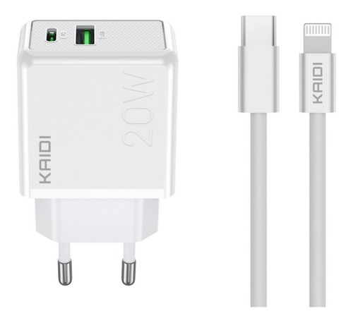 Carregador C/ Cabo Duplo Usb-a + Usb-c Para iPhone Kaidi 20w