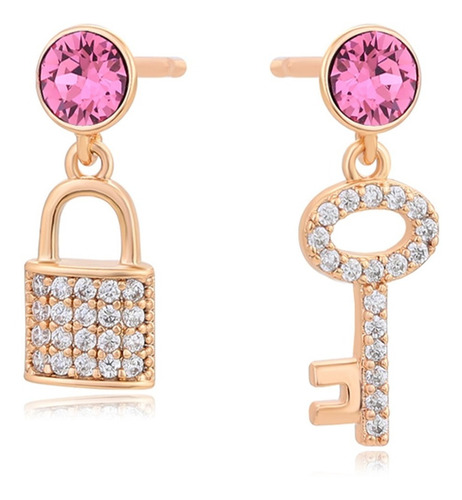 Aretes Oro 14k Lam Swarovski Rosa Candado Llave Hermoso Dama