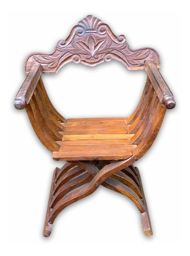 Cadeira Savonarola Antiga Entalhada Em Madeira Maciça