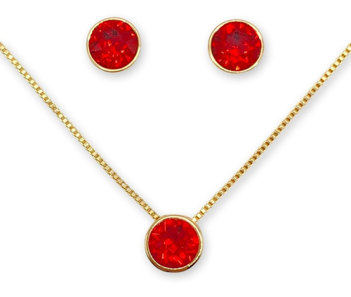 Conjunto Collar Aros Swarovski Elements Rojo Baño Oro 18kl 