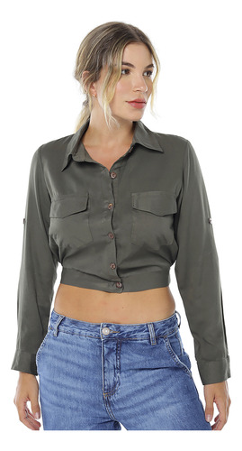 Jaqueta Cropped Leve Estilo Camisa Feminina Sob Verde