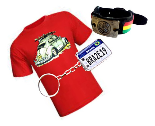 Conjunto Camiseta Fusca Surf Pulseira Paz Reggae Chaveiro