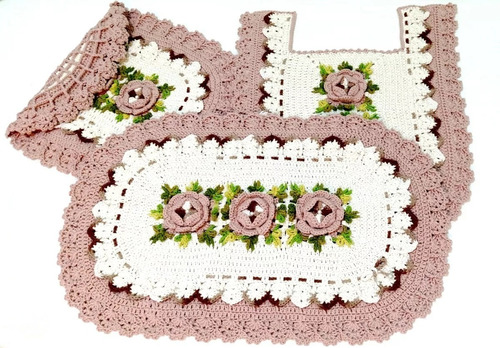 Tapete Crochê Banheiro Floral Luxo 3pçs Ahdricrochet Ateliê 