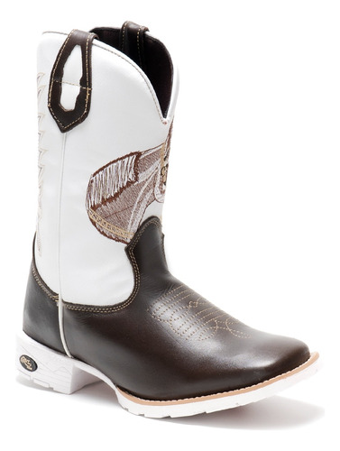 Botas Texanas Country Couro Cano Longo Bordada Sola Branca