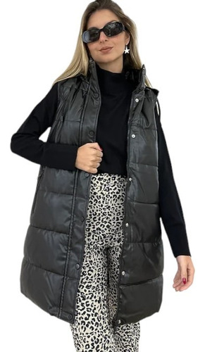 Maxi Chaleco Puffer Ecocuero Importado Largo Engomado Moda