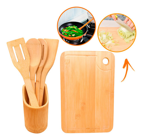 Kit Utensílios Bambu Porta Talher & Tábua De Corte Cozinha