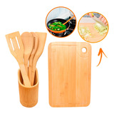 Kit Utensílios Bambu Porta Talher & Tábua De Corte Cozinha