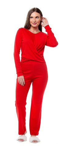 Pijama Blusa Manga Longa De Nó E Calça Flare Vermelho