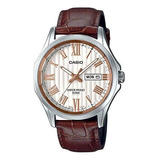 Reloj Casio Hombre Cuero Sumergible Modelo Mtp-e131ly-7a Malla Marrón Bisel Dorado Fondo Dorado