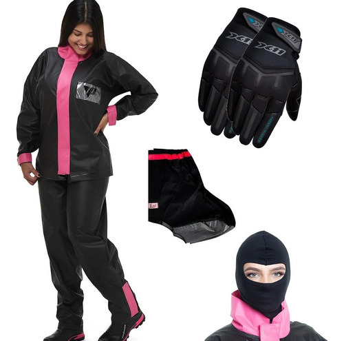 Kit Capa Chuva Feminina Pantaneiro Luva Balaclava Polaina 