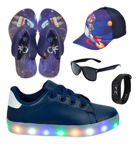 Tênis Infantil Masculino Led Casual + Boné + Acessórios 