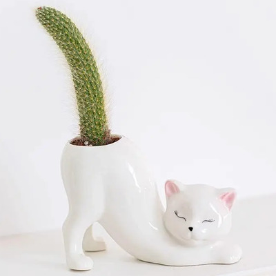 Maceta Pequeña De Cerámica Sin Cola Para Gatos Sin Cola, Suculentas Macetas De Dibujos Animados Para Gatos Y Gatos, Florero De Cerámica, Jarrón Para Gatos Y Animales, Para Interiores Blanco Domingo