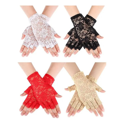 4 Piezas Guantes Mujer De Encaje Flores Accesorio Disfraz Rojo Blanco Negro Albaricoque