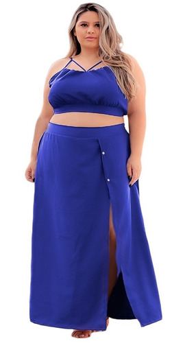 Cropped E Saia Longa Decotada Fenda Conjunto Sexy Plus Size