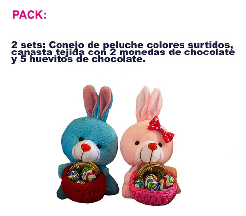 Set 2 Conejos Peluche Pascua Con Huevos Y Monedas Chocolate 