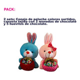 Set 2 Conejos Peluche Pascua Con Huevos Y Monedas Chocolate 