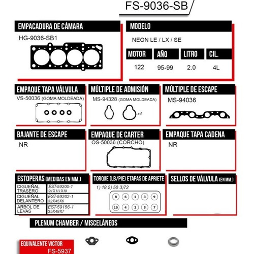 Kit Juego Empacadura Chrysler Neon 95-99 Motor 2.0 122 4l Foto 2