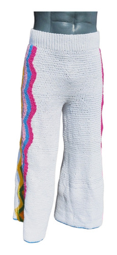 Pantalón Blanco Con Aplicación En Colores,tejido A Crochet