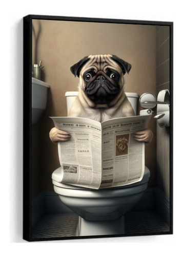 Quadro Decorativo Moderno Pug Lendo Jornal Lavabo Banheiro