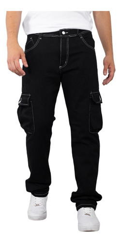 Pantalón Cargo Recto Negro Jean  Hombre Adulto Hilo Blanco