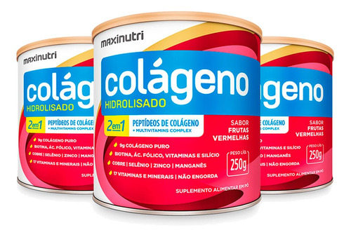 Kit 3 Colágeno Hidrolisado 2 Em 1 Lata 250g Frutas Vermelhas