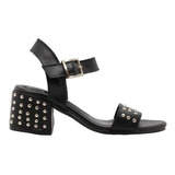 Sandalias Mujer Cuero Vacuno Taco Bajo Tachas Gales Negro