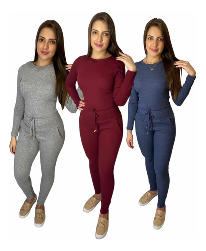 Kit 3 Conjunto Calça E Blusa Malha Canelada Tipo Moletom 