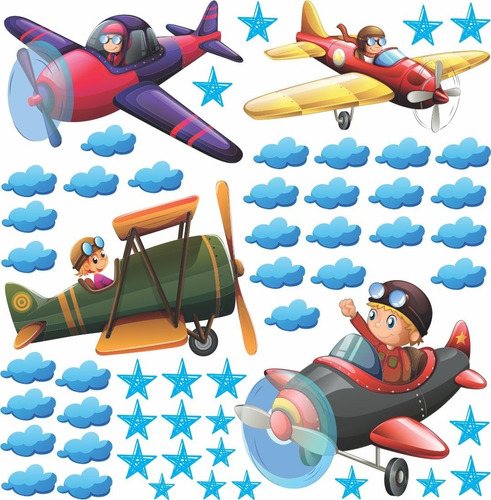 Adesivo Papel De Parede Infantil Kit Avião Menino Nuvem Azul