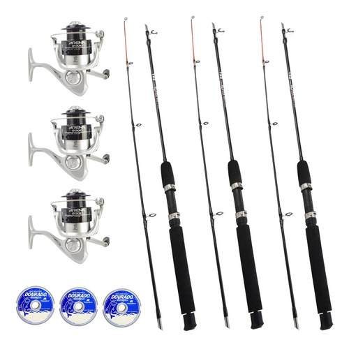 Kit Pesca 9 Peças 3 Molinetes + 3 Varas + 3 Linhas