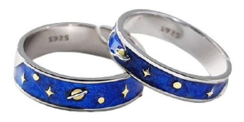 2 Anillos Parejas Planeta Luna Estrella Plata 925 Ajustable 