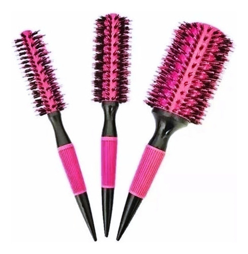 Kit 3 Escovas Profissionais Cabelo Cerdas De Javali Rosa