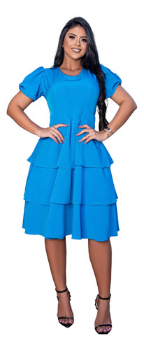 Vestido 3 Babados Liso Rodado Crepe Azul Moda Cristã Plus