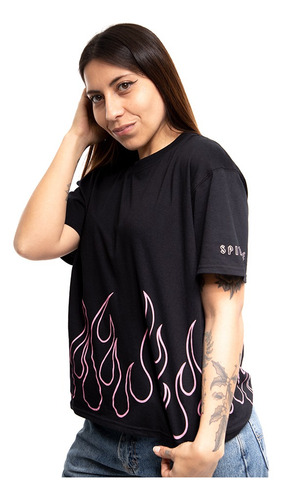 Polera Mujer Manga Corta Spitfire 360° Con Llamas Negro