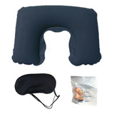 Set Viaje Almohada Cojin Inflable Cuello Antifaz Tapones Color Azul