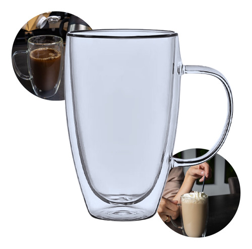 Taza Grande Doble Pared Vidrio Transparente Con Asa 450 Ml