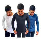 Kit 3 Camisa Masculina Gola Henley Premium Slim Peruana Top
