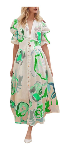 Vestido Largo De Fiesta Elegante Con Estampado Floral Verde