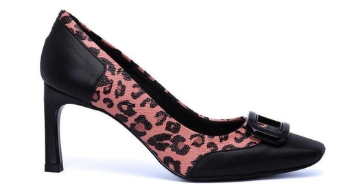 Sapato Animal Print Onça Bico Quadrado Com Fivela Lasenna