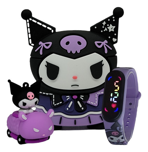 Audífonos Kuromi Hello Kitty Con Reloj Y Llavero Kuromi