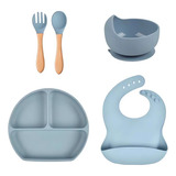 Set Vajilla Silicona Para Bebé Plato Babero Tipo Madera Azul