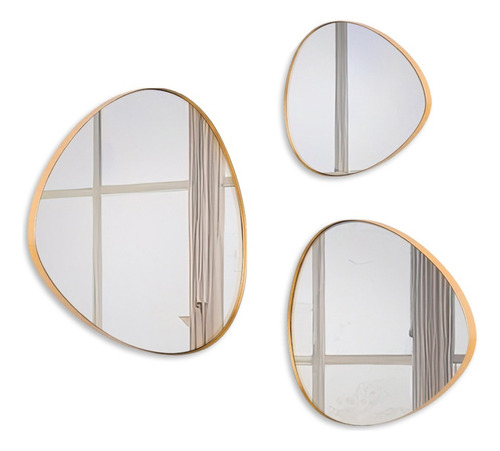 Trio Espelho Orgânico Decorativo Vidro Com Moldura De Couro