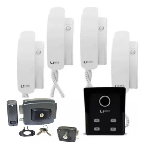 Kit Interfone 4 Apartamentos Porteiro + 4 Fones + Fechadura